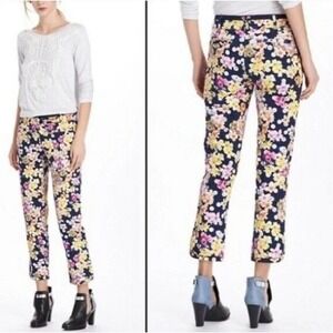 Cartonnier x Anthropologie Vibrant Floral Cropped Pants Size 6 Cotton Capri Navy